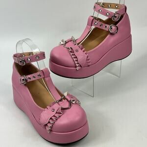 Pink Gothic Lolita Platform Mary Jane Shoes Bat Strap Heart Buckle Sz6 Coquette
